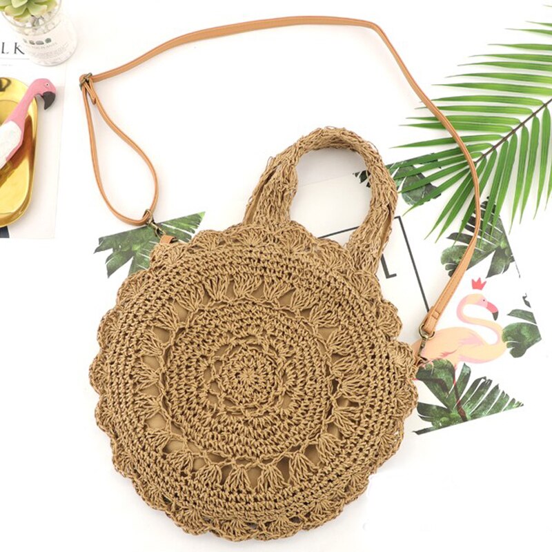 Boheemse holle ronde strozakken voor dames, rotan handtassen, casual rieten geweven schoudertassen, crossbody tassen, zomer strandtassen, grote tassen: Bruin