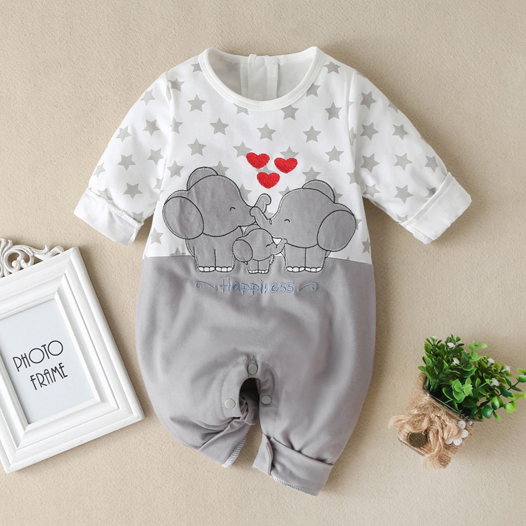 Baby Jongens Meisjes Romper Katoen Lange Mouwen Cartoon Olifant Liefhebbers Print Romper Jumpsuit Herfst Pasgeboren Baby Kleding