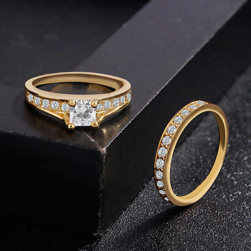 2 PCS Set Zircon 316L Stainless Steel Double Rings For Women Gold Color Crystal Female Engagement Wedding Bridal Finger Rings