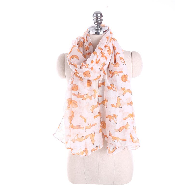 YGYEEG Women Fox Scarf Voile Girl Long Cute Fox Print Scarf Wraps Shawl Soft Scarves Female Cute Tippet Foulard Cachecol Shawl: White Small pattern
