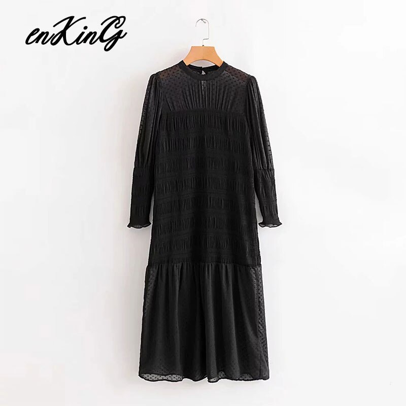 Engelsk stil enkel gasväv prick med veckat foder midi za klänning dam vestidos de fiesta de noche vestidos blazer