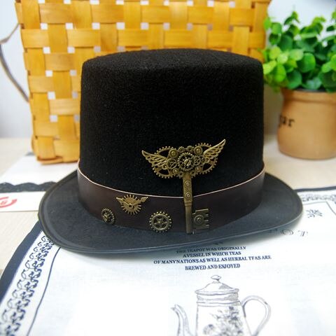 Kostuum steampunk hoge hoed met riem & tandwielen sleutel accessoires handgemaakte trilby hoeden gothic