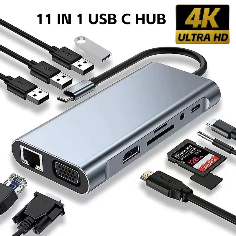 Usb c hub 8in1 7in2 7in1 tipo c 3.1 para 4k adaptador hdmi com leitor de cartão rj45 sd/tf pd carga rápida para macbook notebook portátil: CASTANHO