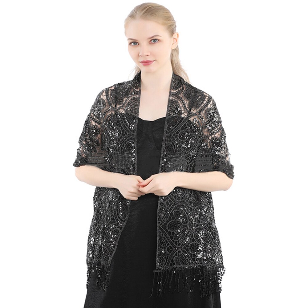 Scialle di pizzo con paillettes vuote da sposa da donna di lusso avvolgere il partito femminile lucido luccichio stola sciarpa da ballo con nappa