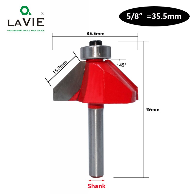 LAVIE 1pc 6mm 6.35mm Shank 45 Graden Afschuining Router Beetje Edge Vormen Bevel Houtbewerking Frees voor hout Bits MC01130: 35.5mm / 6mm Shank