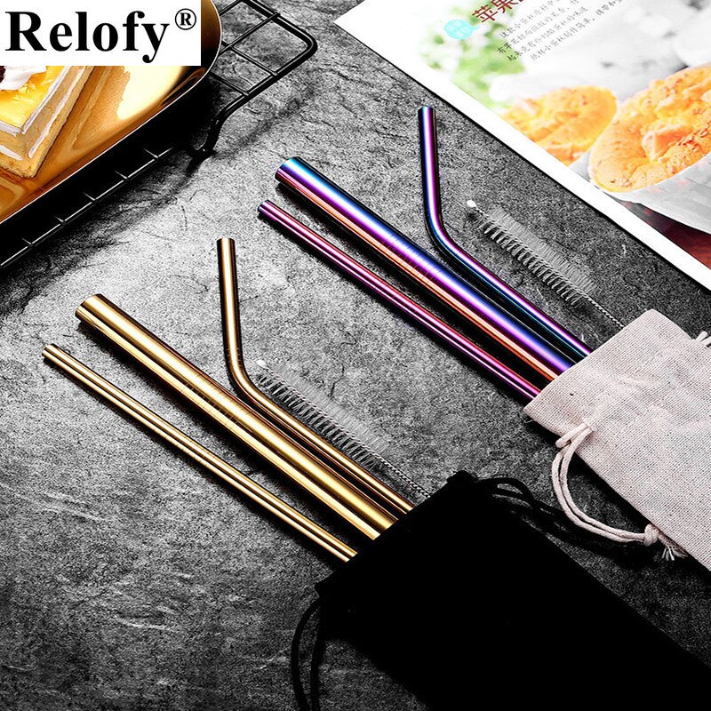 4pcs Stainless Steel Straws Eco-friendly Straw Reusable Drinking Straws with Clean Brush Coffee Milk Tea Straw Bar Home Tools