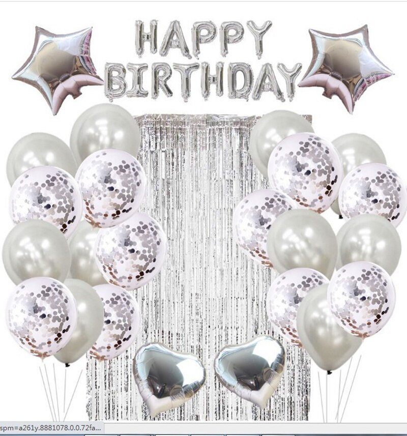 Juego de Decoración de cumpleaños de oro rosa para niños, globo de seda de lluvia con letras de feliz cumpleaños, cortina para de cumpleaños, decoración de látex, 28 Uds.: Plata