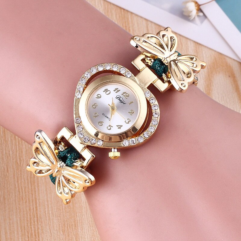 Hesiod Vrouwen Horloge Dames Hart Dial Horloge Klok Vrouwelijke Roestvrij Goud Kleur Vlinder Armband Horloge