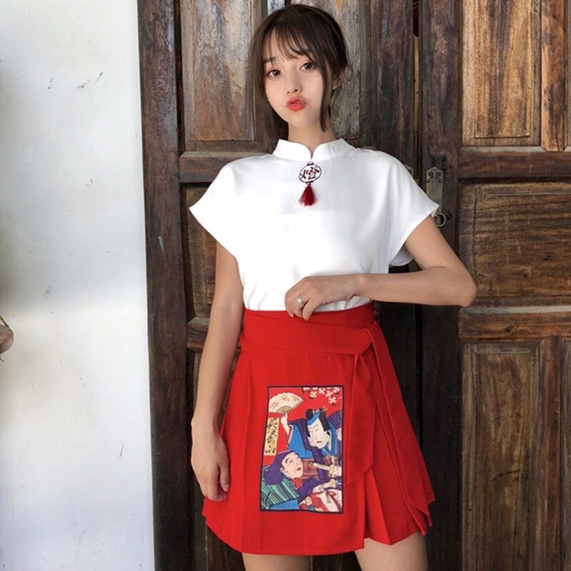 Ropa de estilo chino para mujer, traje de Festival, Top Cheongsam + Falda corta, trajes de escenario Harakuju, trajes bonitos