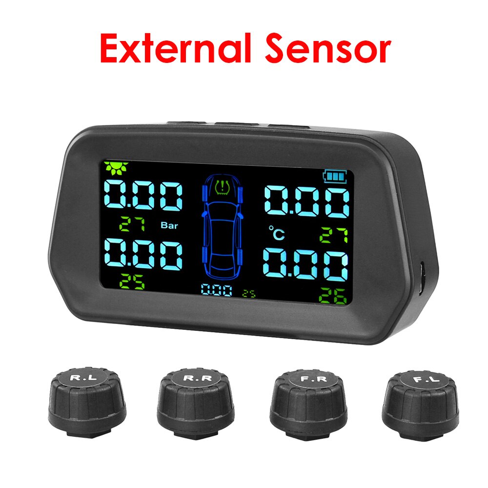 TPMS Tire Pressure Alarm Monitor Solar Power Tyre Pressure Monitoring System with 4 External Sensors Auto Alarm Security: external