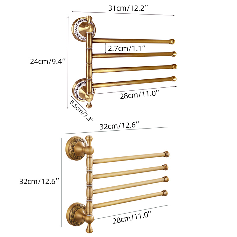 Antique Brass Movable Towel Bar for Bathroom, Kitchen Bath Towel Holder Hangers Wall Mount Heavy Duty 8024DH-4
