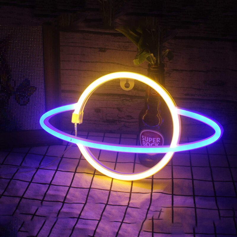 Led Neon Lamp Elliptische Planeet Neon Sign Neon Light Batterij Aangedreven Home Decoratieve Muur Light Party Room Verlichting Decor: Blue Warm White
