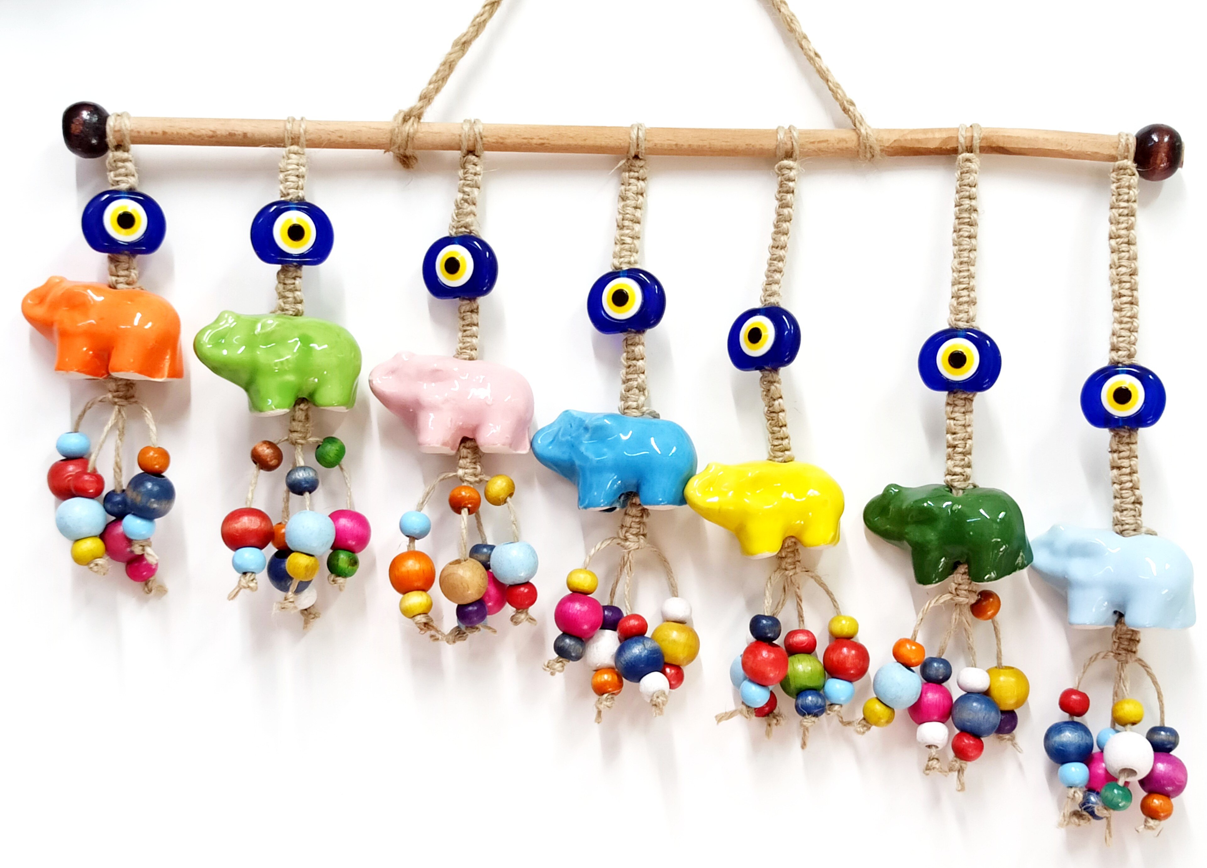 Éléphant en céramique sept, perle de mauvais œil, porte de perles en bois colorées, ornement de mur et de jardin