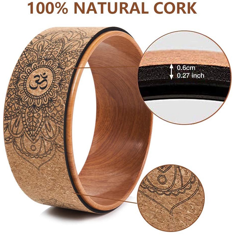 Cork Yoga Wheel for Yoga Poses and Backbends Inversions Wood-Effect and Mandala Print, Dharma Yoga Prop Wheel