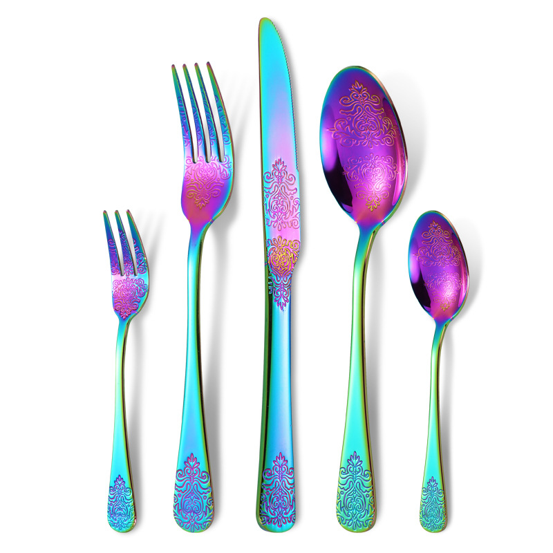 5-teiliges Messer aus Edelstahl, Gabel, Löffel-Set mit gemustertem Totem-Geschirr, Steakmesser und Gabel im westlichen Stil: green