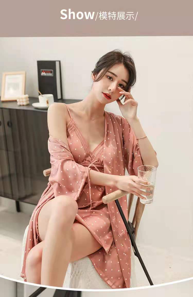 women's spring and summer long-sleeved ice silk nightgown 2 piece set with chest pad and waist imitation silk can be worn o: Pink / XXL