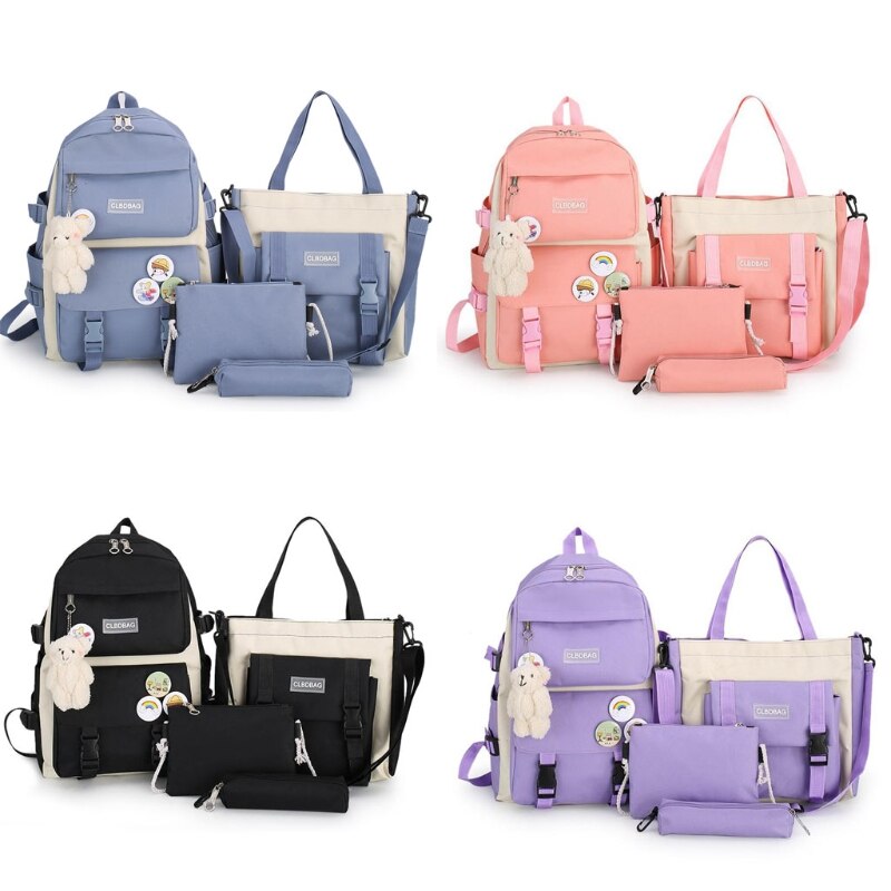 4pcs/set Canvas School Bag for Teenagers Girls Student Women Travel School Backpacks Female Book Bags