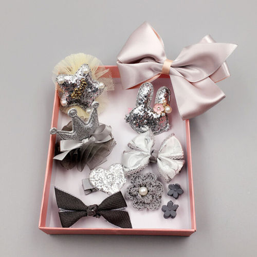 Leuke 10PCS Kids Baby Meisjes Kant Boog Haar Clips Bloem Barrette Haarspelden Box Set Meisje Haar Pin: Light Grey