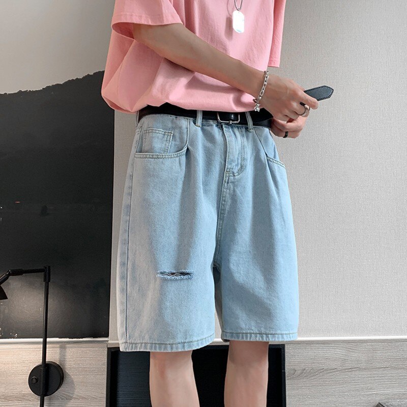 Summer Men&#39;s Ripped Hole Jeans Shorts Blue Casual Knee-length Denim Short Pants Cotton Washed Classic Bermuda Shorts Male