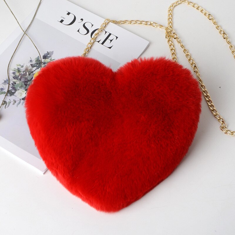 Women&#39;s Heart Shaped Handbags Cute Kawaii Faux Fur Crossbody Bags Wallet Purse Chain Shoulder Bag Lady Handbag