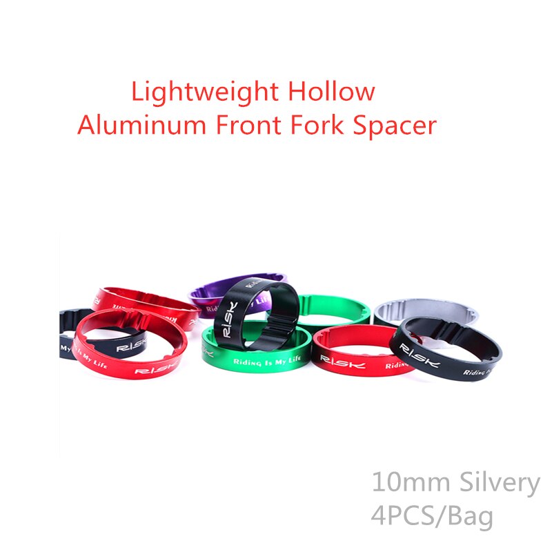 Risiko 5/10mm justering aluminiumslegering cykel cykelgaffel spændeskive headset afstandsstykker hæve styr ring cykel tilbehør: 4 stk 10mm rsølv