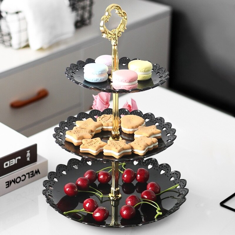 Bandeja para tartas, postres, platos estilo explosión, bandeja de plástico multicapa para fiestas de Boda europea, bandeja para fruta de tres niveles, bandeja para golosinas: Black