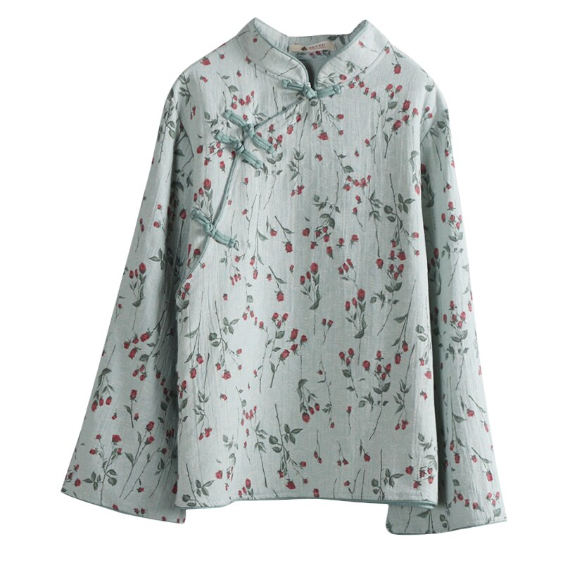 Blusa China clásica de lino y algodón para mujer, camisa de manga larga con botones hechos a mano, tops estampados con flores, ropa tang,