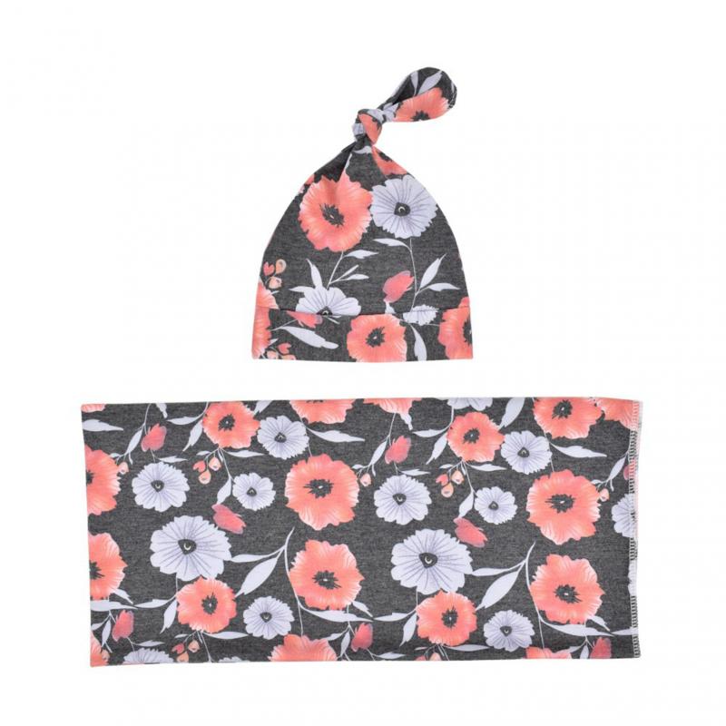 Baby Wraps Cotton Wraps Hat Set Cartoon Flower Printed Cotton Wraps Knotted Tire Cap Two-piece Set Receiving Blankets: 04