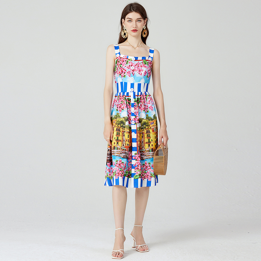 Sexet sommerkjole med off-shoulder-knapper og spaghettistropper til catwalken til kvinder, ærmeløs, blomsterprint, midi-vestidos til stranden: L