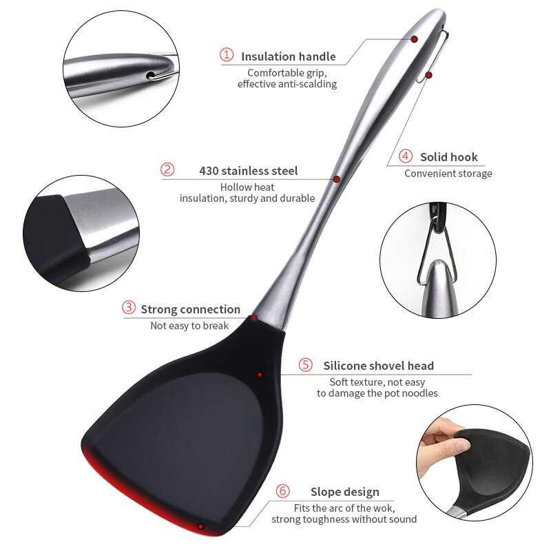 Silicone Turners Nonstick Wok Spatula with Stainless Steel handle Fried Shovel Frying Pan Spatula Kitchen cooking Utensils
