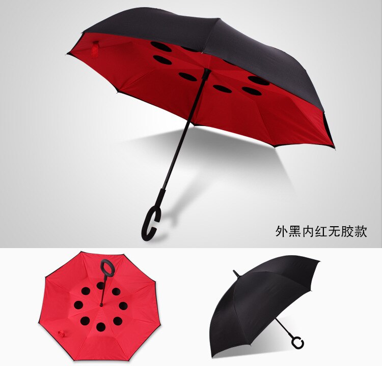 C-krog hænder til bil 2- lag omvendt vindtæt paraply påfugl rød prik bil paraply selvstand regnbeskyttelse