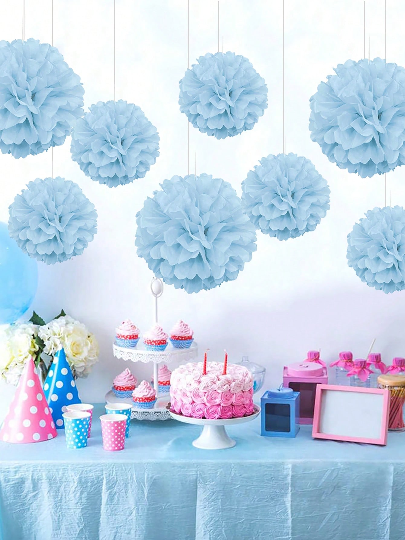 Pompones de papel de 9 piezas, decoración colgante de bolas de flores de tejido azul, para boda, de cumpleaños, despedida de soltera, despedida de soltera,
