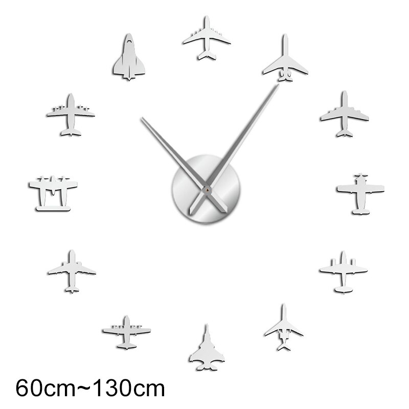 Aereo volante combattente Jet moderno orologio da parete gigante fai da te specchio superficie adesivo acrilico aereo orologio da parete aviatore pilota decorazioni per la casa: argento