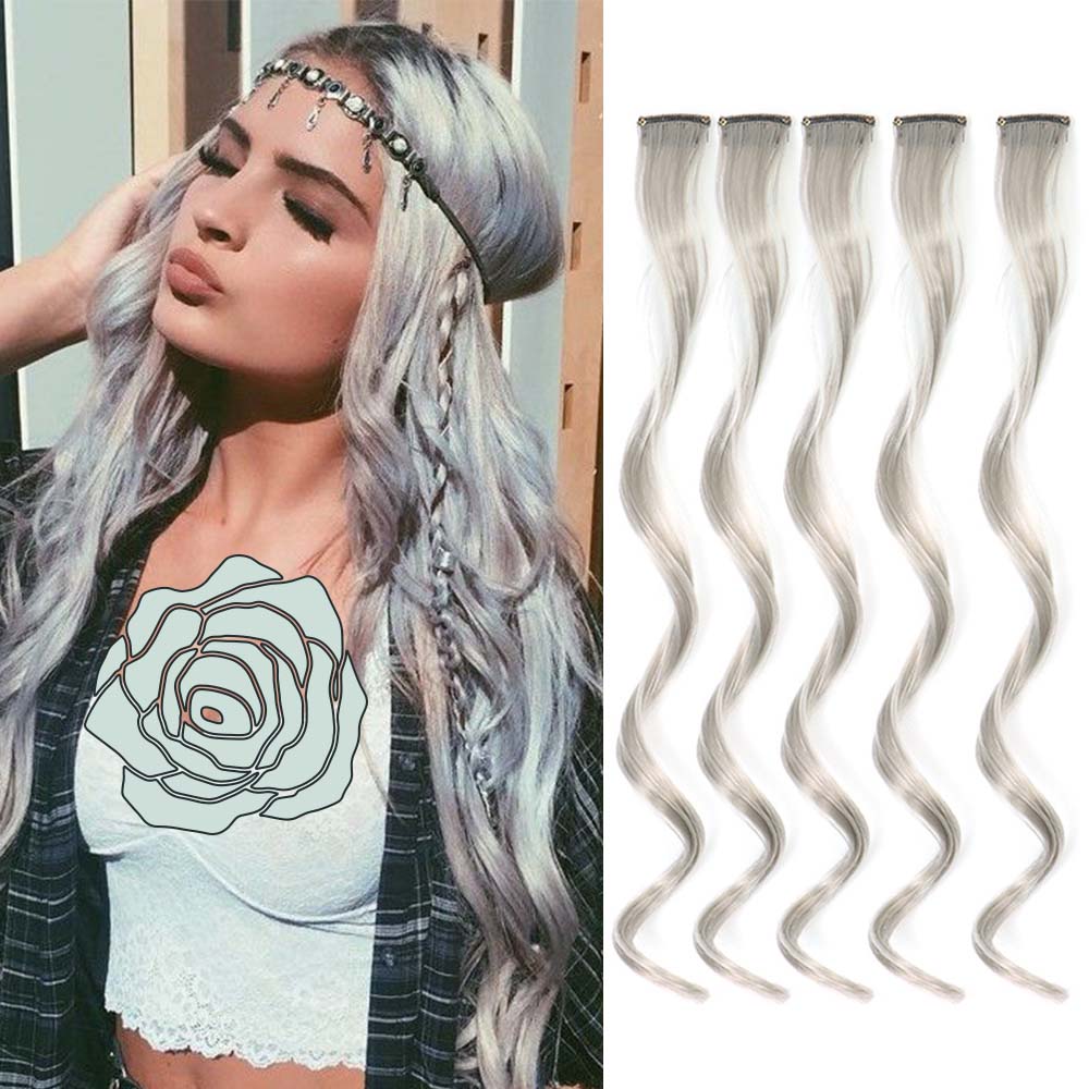 5 unids/set 18 pulgadas Clip de colores en extensiones de cabello largo rizado sintético resaltado postizos coloridos pelo de rayas para mujeres: #14