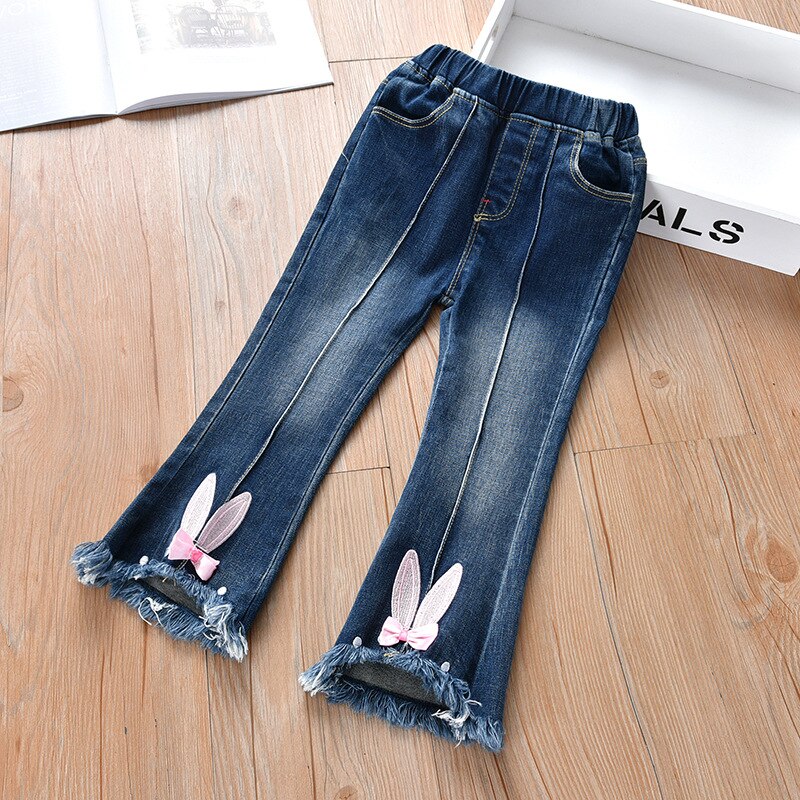 Lente Herfst Baby Meisjes Jeans Koreaanse Kids Meisjes Boot Cut Broek Leuke Konijnenoren Boog-Knoop jeans Broek Voor Kind