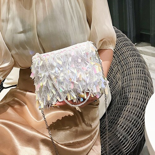 Luxe Zilveren Pailletten Strass Kwastje Vrouwen Kleine Schoudertassen Keten Elegante Dames Feestavond Clutch Purse: Multicolor