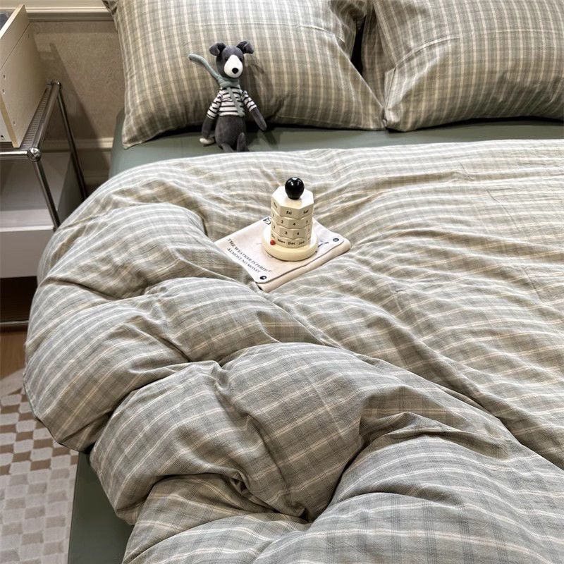 Parure de lit nordique verte à carreaux pour filles et garçons, housse de couette Double Queen Size, drap plat, taie d'oreiller, sans remplissage,: Roi / Bleu