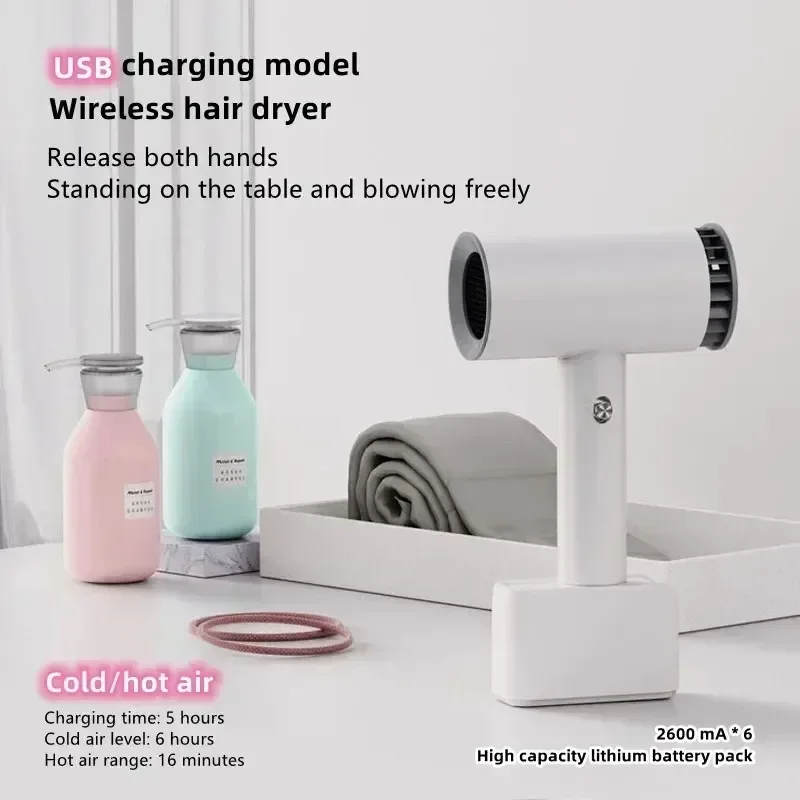 Portable Cordless Hair Dryer Fast Dry Hair Lithium Battery Rechargeable Blow Dryer Strong Wind Travel/Outdoor Plug in Air