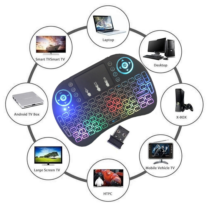 i8 2.4Ghz Luxury Wireless Keyboard 3 Color Backlight + 7 Colorful Light English/Russian/French/Spanish Remote Control Touchpad