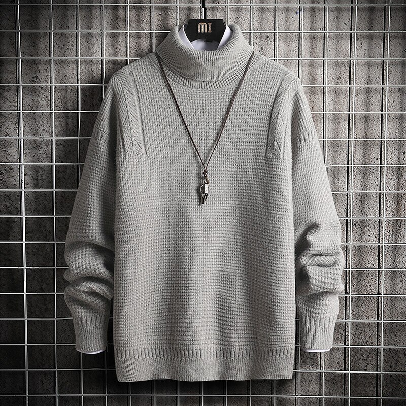Singleroad overdimensjonert herre turtlenecks genser herre hofte hopp harajuku koreansk høykrage høyhalset genser svart strikkede gensere herre: Grå genser menn / Asiatisk-m