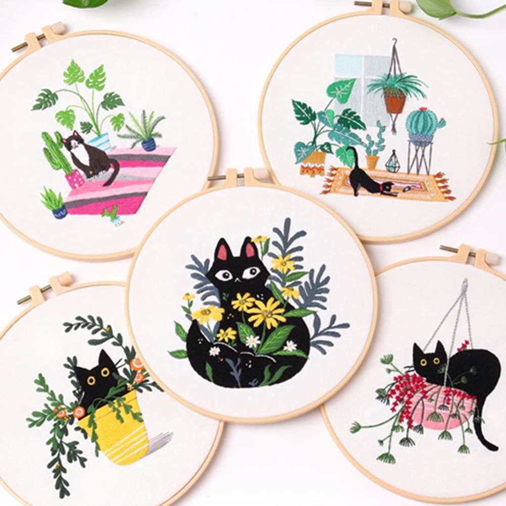 Kit de broderie motif chat noir fleur, outils de couture imprimés, Kit de couture artisanale pour débutant, broderie ronde, point de croix