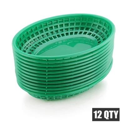 Cestas de plástico de 9,25 "para comida rápida plato ovalado para desayuno, platos de cena, patatas fritas, pastel, bandeja de barra para pan, restaurante, 12 Uds.: Green Tray