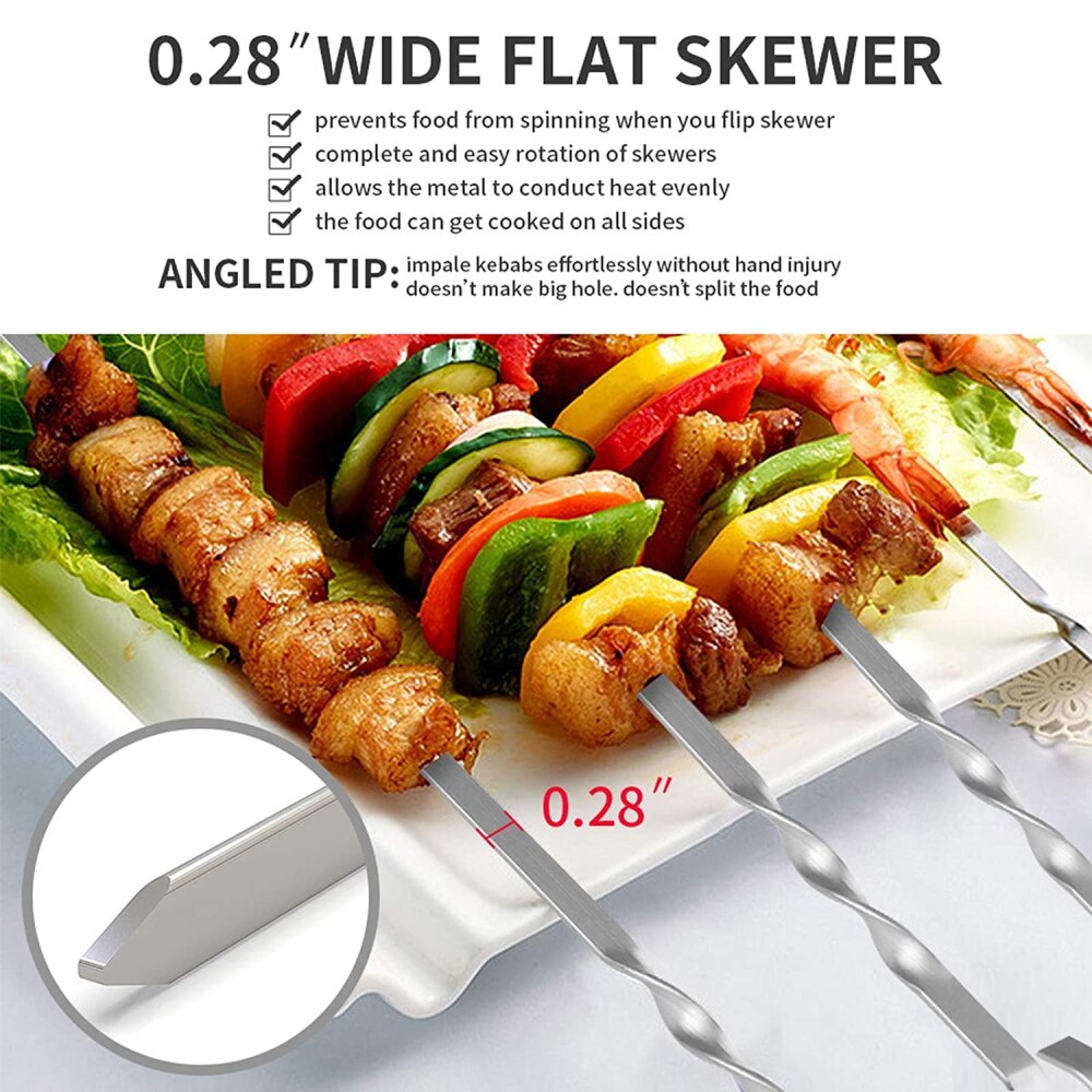 MLIA 10pcs Barbecue Meat String Skewers Chunks 16.8" Long Meat Stainless Steel Shish Roast Stick Wide Reusable Grilling Skewers