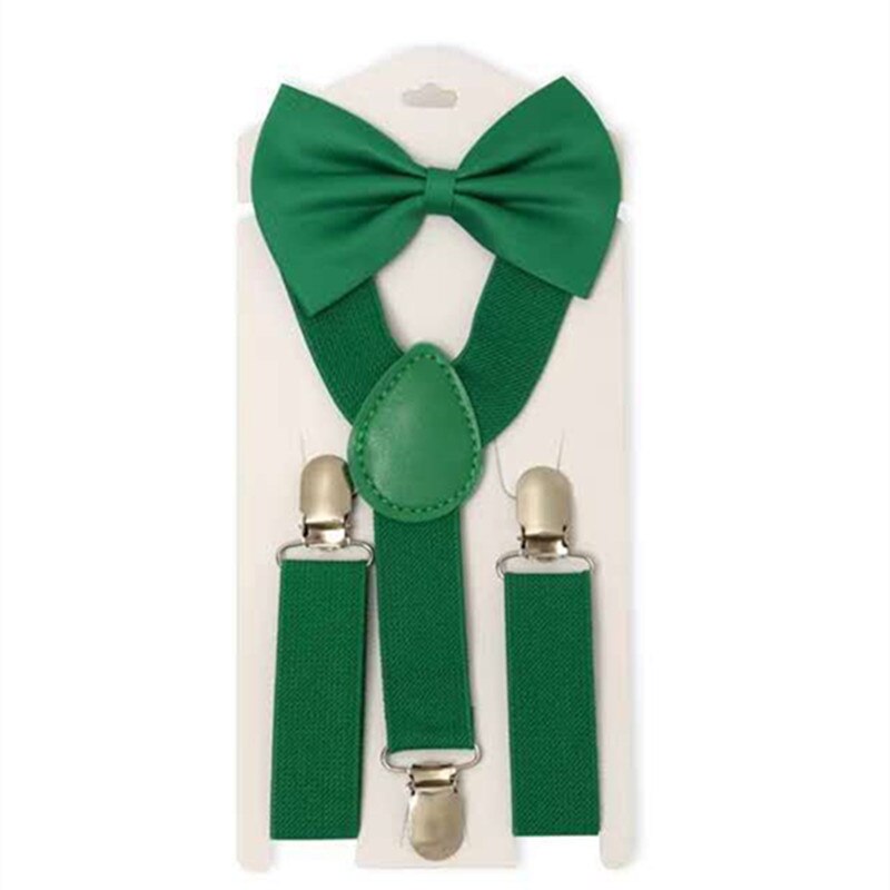 Einfarbig Kinder Gürtel Bowtie Set Baby Jungen Mädchen Hosenträger Clip-on Y-Back Hosenträger Fliege Elastische kid Einstellbare Fliege Set: green