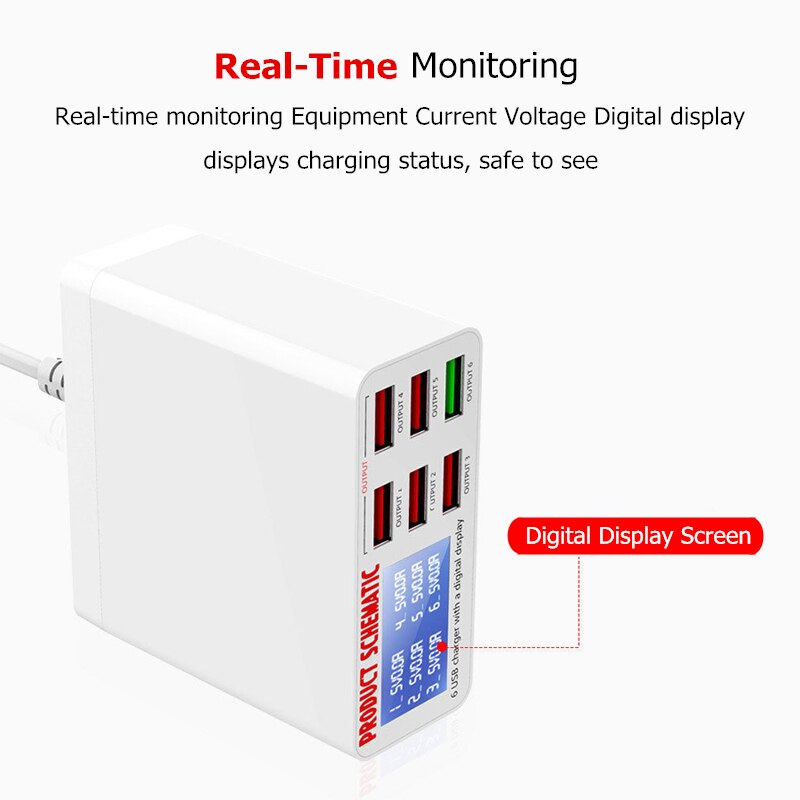 6 porta Display Digital Estação De Carregamento Usb Ue Eua Reino Unido Plug de Telefone Celular Usb Carregador Rápido Para Iphone 11 Xs max X 8 7 6 Ipad Pro/air