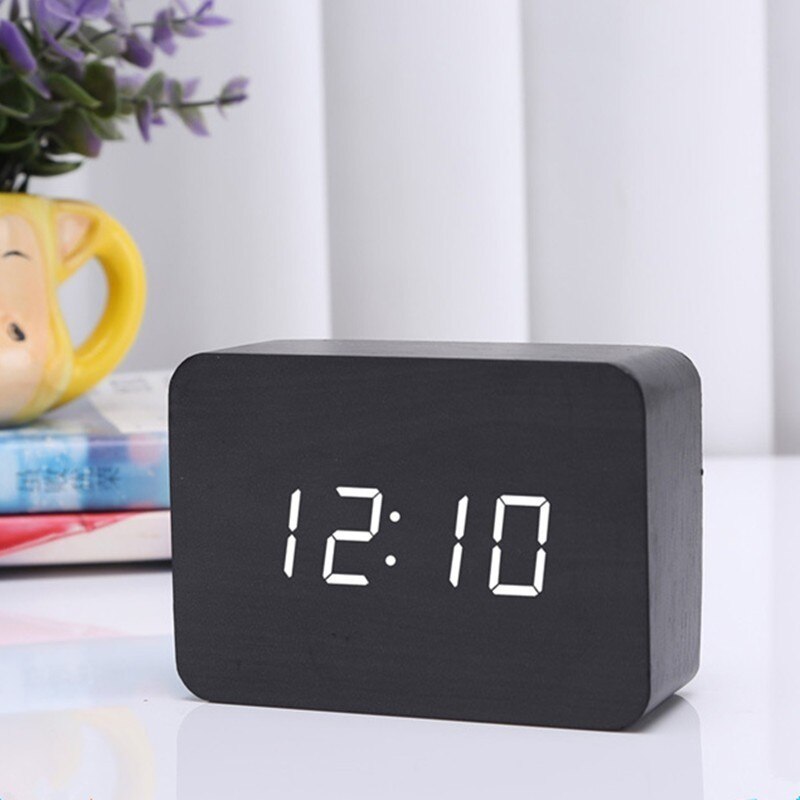 Digitale LED Zwarte Houten Desktop Wekker Met Thermometer Sound Control Elektronische Kunstenaar Woninginrichting Raden: Black wood white lig