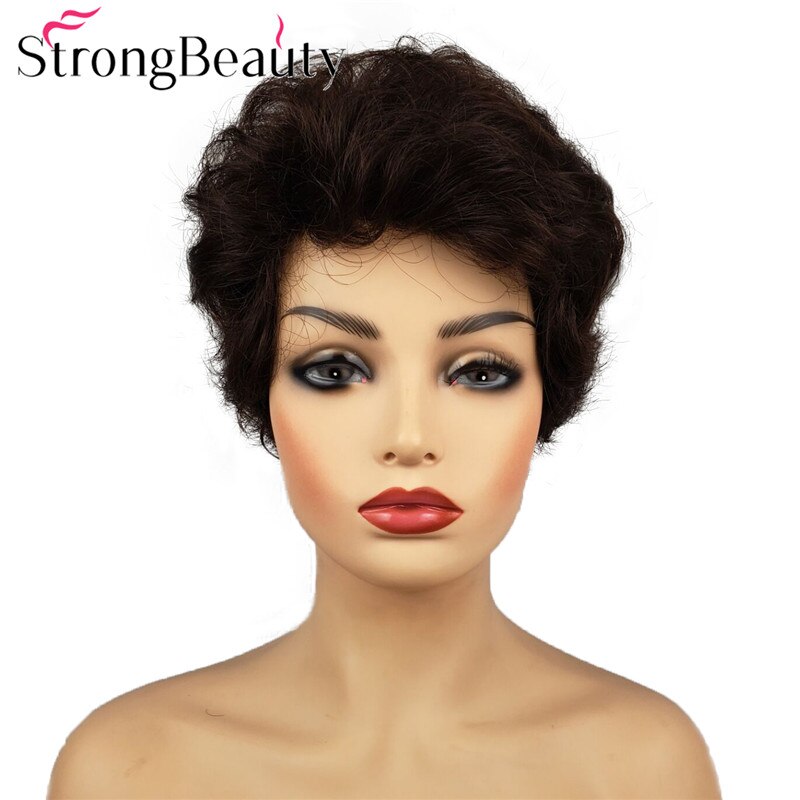 StrongBeauty Short Women Synthetic Capless Wig Pixie Cut Hair Asymmetrical Side Bang Short Curly Wigs: 7A