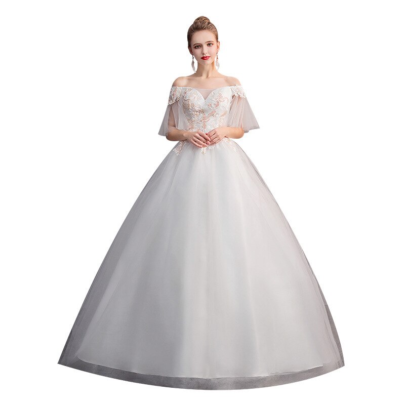 White Wedding Party Dress Chiffon Illusion Cap Sleeve Formal Gown With Lace Appliques  C109