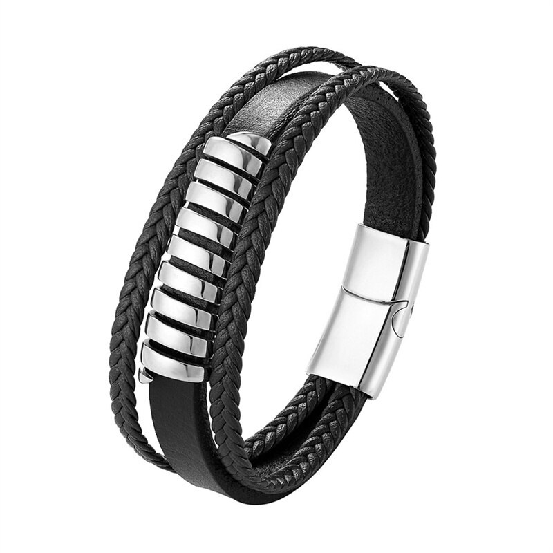 Lederen Armband Mannen Punk Stijl Rvs Magneet Knop Mutil-Layer Leren Armband Voor Mannen Sieraden: 1
