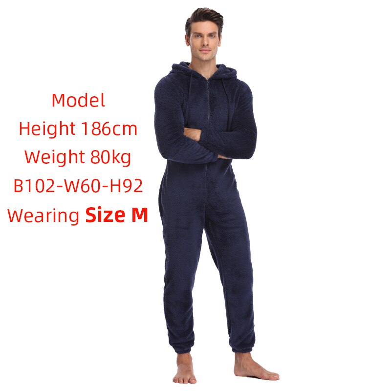 Men Plush Teddy Fleece Pajamas Winter Warm Pyjamas Overall Suits Plus Size Sleepwear Kigurumi Hooded Pajama Sets For Adult Men